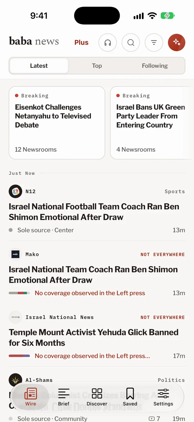 Baba News wire: breaking stories with the number of newsrooms covering each, and coverage-gap labels.